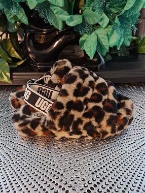 UGG Leopard Print Shearling Slide with Branded Elastic Strap